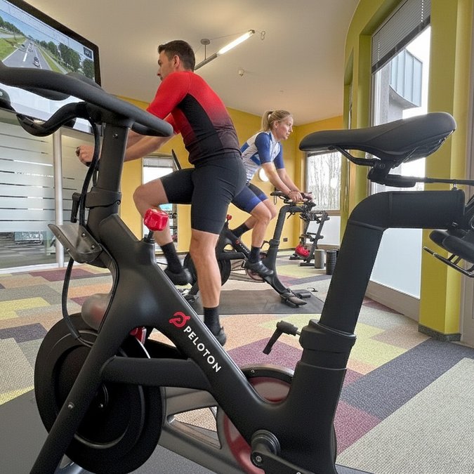 Unser Sauna- und Fitnessbereich Zwei Personen trainieren auf Peloton-Heimtrainer mit virtuellem Radstrecken-Display.