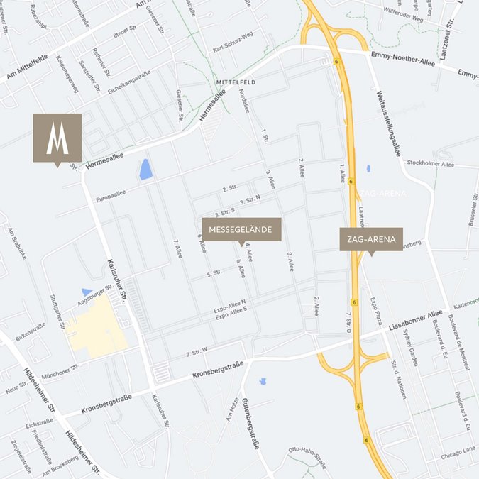 Willkommen im Median Hotel Hannover Messe! Karte mit Messegelände und ZAG-Arena in Mittelfeld, Hannover