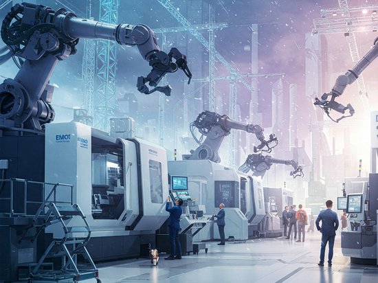 Median Hotel Messe Hannover – der Newsblog Moderne Fabrikhalle mit Industrierobotern und Menschen bei der Maschinenbedienung