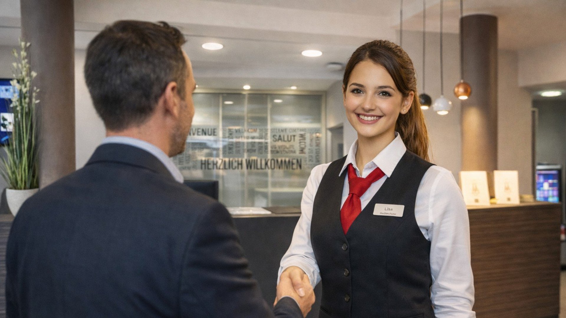 Median Hotels: Stellenangebote für Hannover und Lehrte Hotelmitarbeiterin begrüßt Gast im Empfangsbereich mit Handschlag