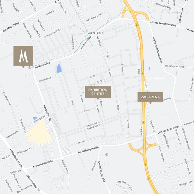 Welcome to the Median Hotel Hannover Messe! Map showing markers for exhibition centre and ZAG Arena in Mittelfeld